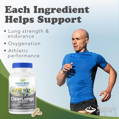 Ridgecrest Herbals ClearLungs Sport, Oxygen Intake and Lung Support Formula with Cordyceps, Rhodiola, Eleuthero (60 Vegan Caps, 30 Serv) - dailyvitalstore