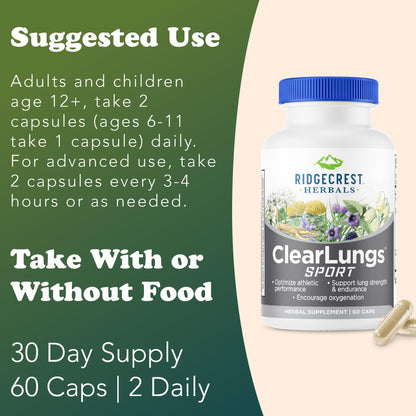 Ridgecrest Herbals ClearLungs Sport, Oxygen Intake and Lung Support Formula with Cordyceps, Rhodiola, Eleuthero (60 Vegan Caps, 30 Serv) - dailyvitalstore
