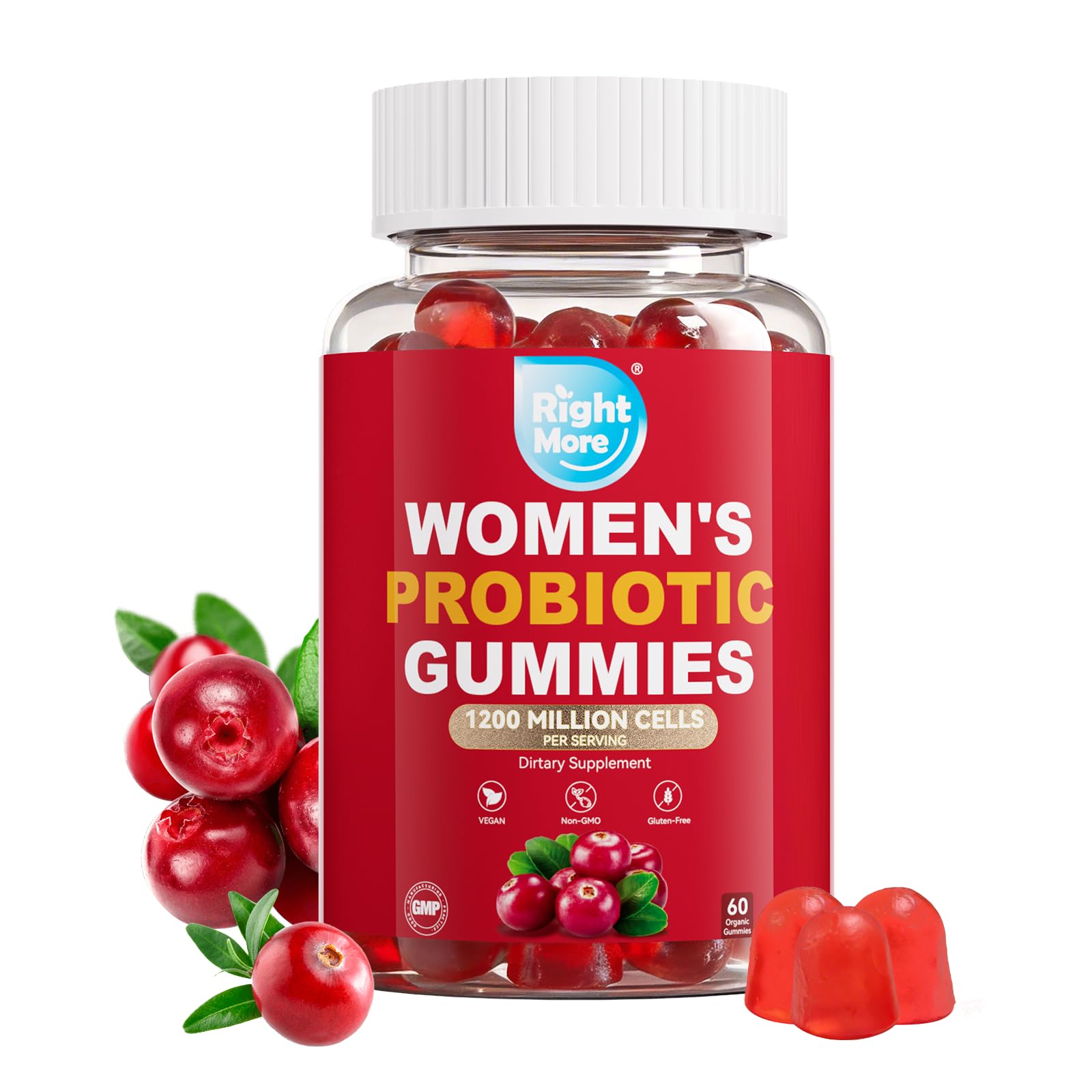 Right More Probiotic for Women Gummies,Feminine Balance Gummies, -1200 Billion Compound, Digestive & Immune Support, Supports Vaginal Health Prebiotics, Natural Cranberry Flavor, Vegan, 60 Gummies - dailyvitalstore