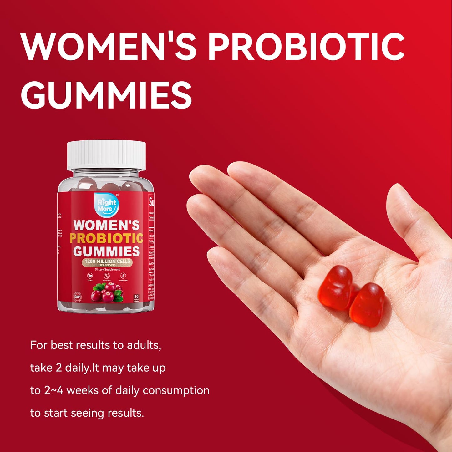 Right More Probiotic for Women Gummies,Feminine Balance Gummies, -1200 Billion Compound, Digestive & Immune Support, Supports Vaginal Health Prebiotics, Natural Cranberry Flavor, Vegan, 60 Gummies - dailyvitalstore