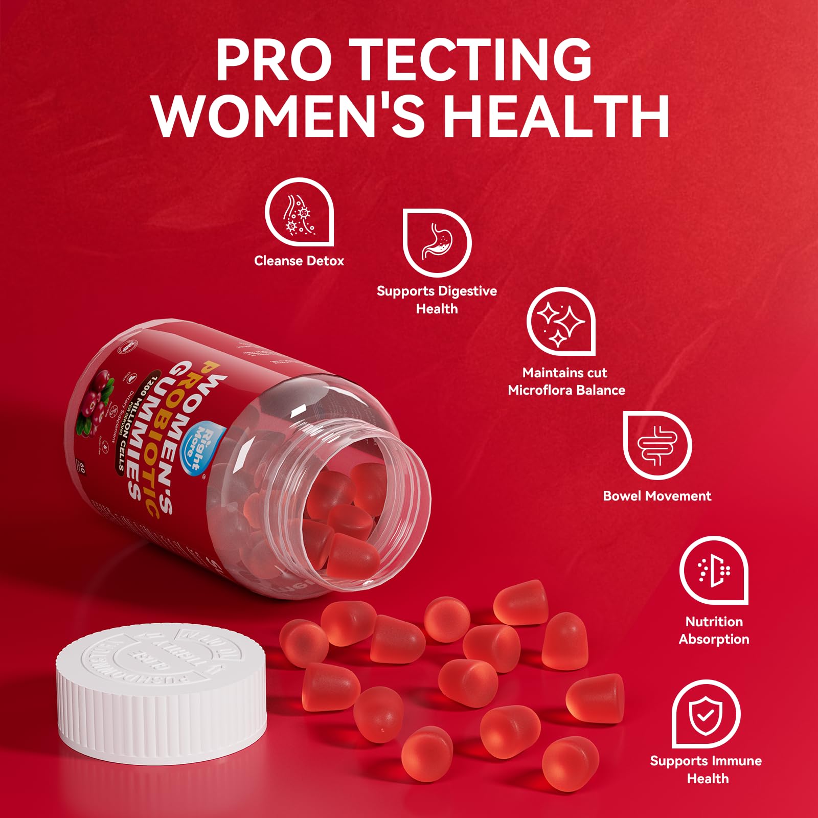 Right More Probiotic for Women Gummies,Feminine Balance Gummies, -1200 Billion Compound, Digestive & Immune Support, Supports Vaginal Health Prebiotics, Natural Cranberry Flavor, Vegan, 60 Gummies - dailyvitalstore