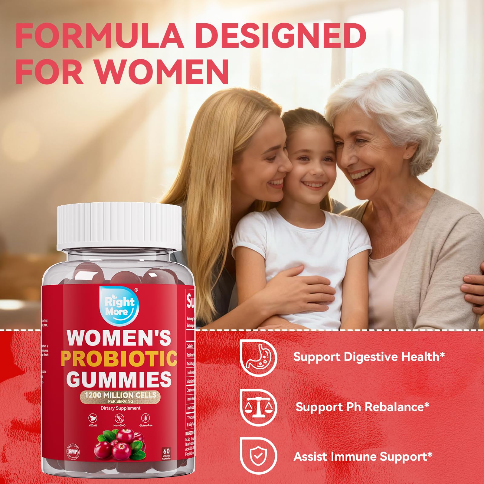 Right More Probiotic for Women Gummies,Feminine Balance Gummies, -1200 Billion Compound, Digestive & Immune Support, Supports Vaginal Health Prebiotics, Natural Cranberry Flavor, Vegan, 60 Gummies - dailyvitalstore
