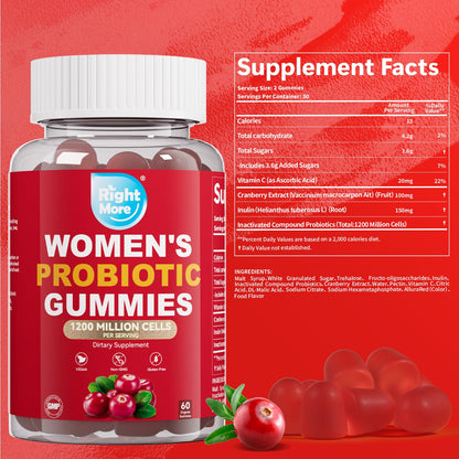 Right More Probiotic for Women Gummies,Feminine Balance Gummies, -1200 Billion Compound, Digestive & Immune Support, Supports Vaginal Health Prebiotics, Natural Cranberry Flavor, Vegan, 60 Gummies - dailyvitalstore