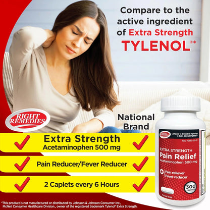 RIGHT REMEDIES Extra Strength Pain Relief, Acetaminophen 500 mg Caplets, Pain Reliever & Fever Reducer, Value Pack (300 Count), Compare to the Active Ingredient in Extra Strength Tylenol® - dailyvitalstore