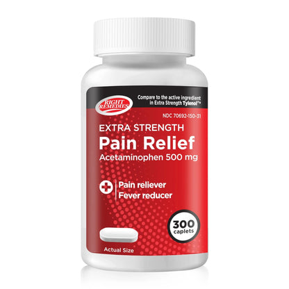 RIGHT REMEDIES Extra Strength Pain Relief, Acetaminophen 500 mg Caplets, Pain Reliever & Fever Reducer, Value Pack (300 Count), Compare to the Active Ingredient in Extra Strength Tylenol® - dailyvitalstore