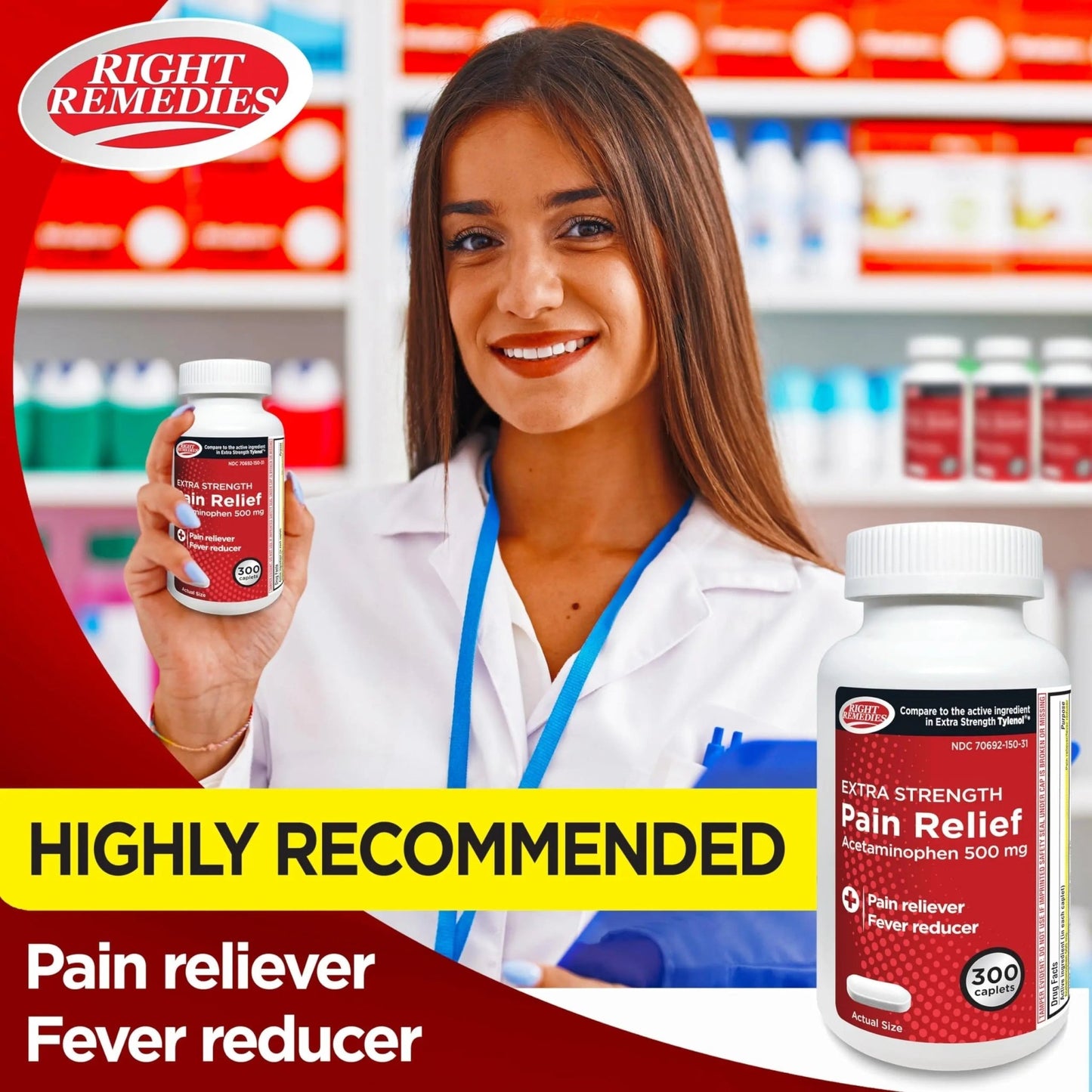 RIGHT REMEDIES Extra Strength Pain Relief, Acetaminophen 500 mg Caplets, Pain Reliever & Fever Reducer, Value Pack (300 Count), Compare to the Active Ingredient in Extra Strength Tylenol® - dailyvitalstore