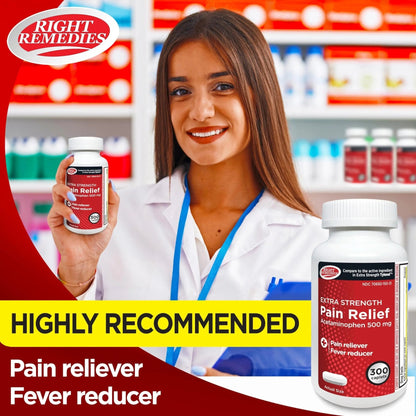 RIGHT REMEDIES Extra Strength Pain Relief, Acetaminophen 500 mg Caplets, Pain Reliever & Fever Reducer, Value Pack (300 Count), Compare to the Active Ingredient in Extra Strength Tylenol® - dailyvitalstore