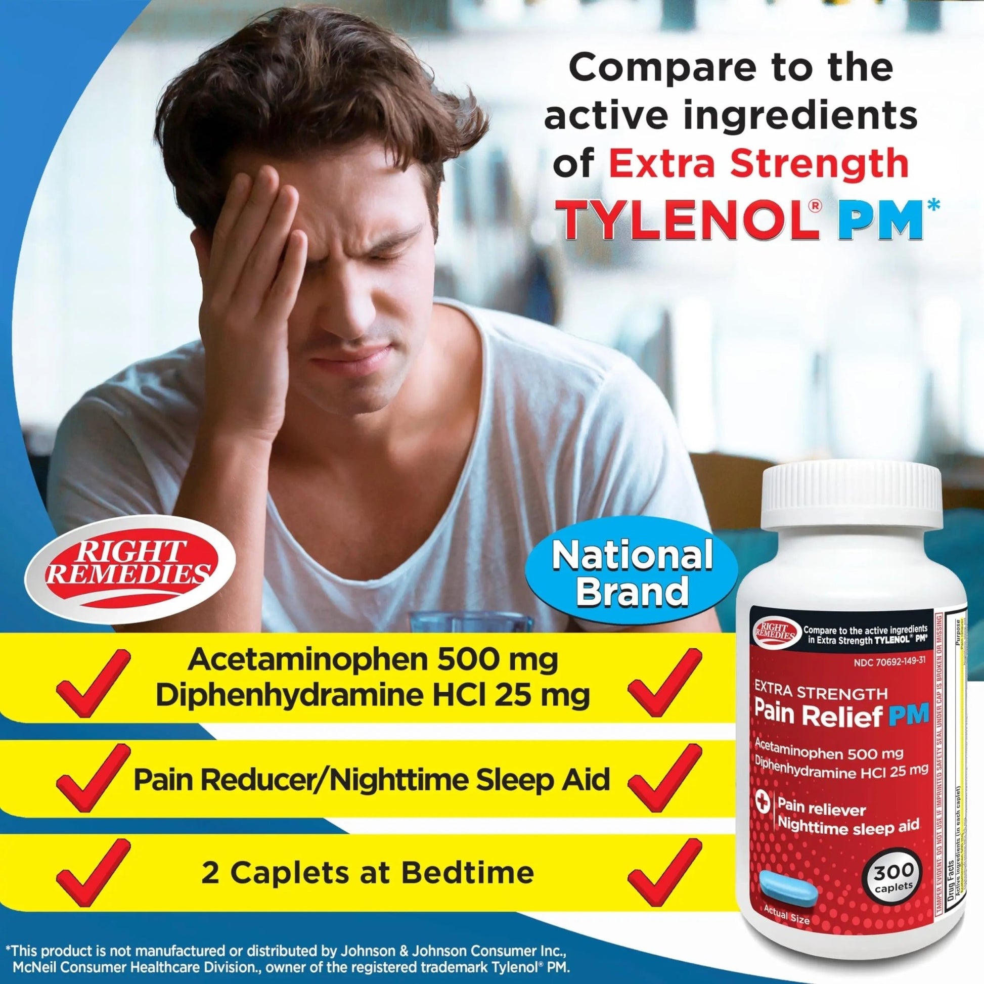 Right Remedies Extra Strength Pain Relief PM & Nighttime Sleep Aid Caplets,(300 count), Acetaminophen 500 mg & Diphenhydramine HCl 25 mg, Non-Habit Forming, Compare to Active ingredients of Tylenol PM - dailyvitalstore