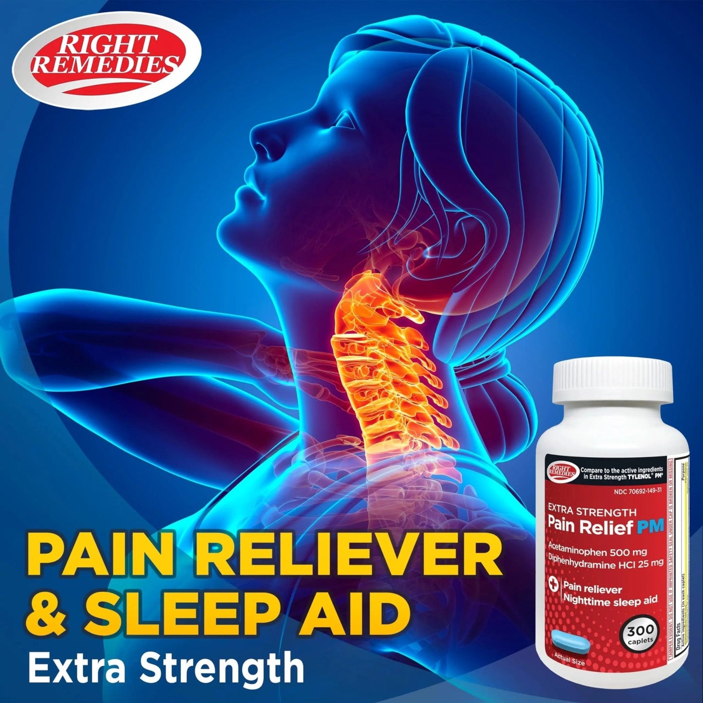 Right Remedies Extra Strength Pain Relief PM & Nighttime Sleep Aid Caplets,(300 count), Acetaminophen 500 mg & Diphenhydramine HCl 25 mg, Non-Habit Forming, Compare to Active ingredients of Tylenol PM - dailyvitalstore