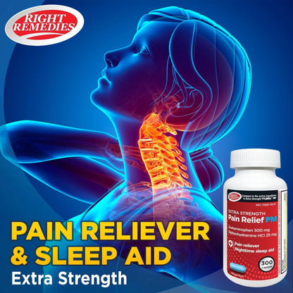 Right Remedies Extra Strength Pain Relief PM & Nighttime Sleep Aid Caplets,(300 count), Acetaminophen 500 mg & Diphenhydramine HCl 25 mg, Non-Habit Forming, Compare to Active ingredients of Tylenol PM - dailyvitalstore