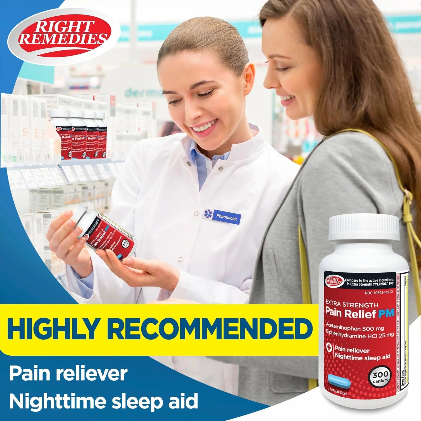 Right Remedies Extra Strength Pain Relief PM & Nighttime Sleep Aid Caplets,(300 count), Acetaminophen 500 mg & Diphenhydramine HCl 25 mg, Non-Habit Forming, Compare to Active ingredients of Tylenol PM - dailyvitalstore
