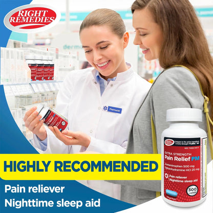 Right Remedies Extra Strength Pain Relief PM & Nighttime Sleep Aid Caplets,(300 count), Acetaminophen 500 mg & Diphenhydramine HCl 25 mg, Non-Habit Forming, Compare to Active ingredients of Tylenol PM - dailyvitalstore