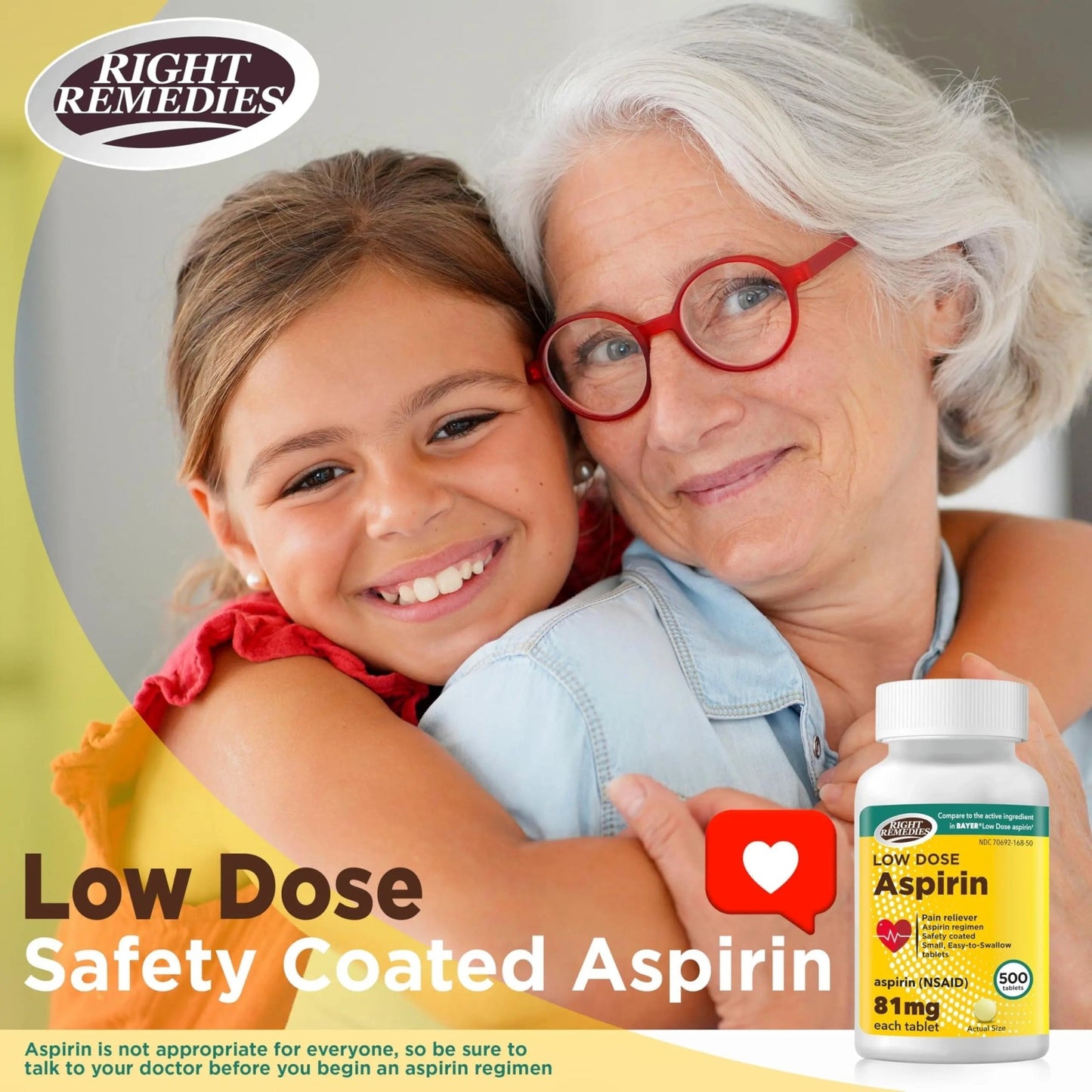 RIGHT REMEDIES Low Dose Aspirin 81mg, Enteric Coated Tablets, NSAID Pain Reliever & Fever Reducer for Adults, Compare to the Active Ingredient in Bayer® Low Dose Aspirin (500ct) - dailyvitalstore
