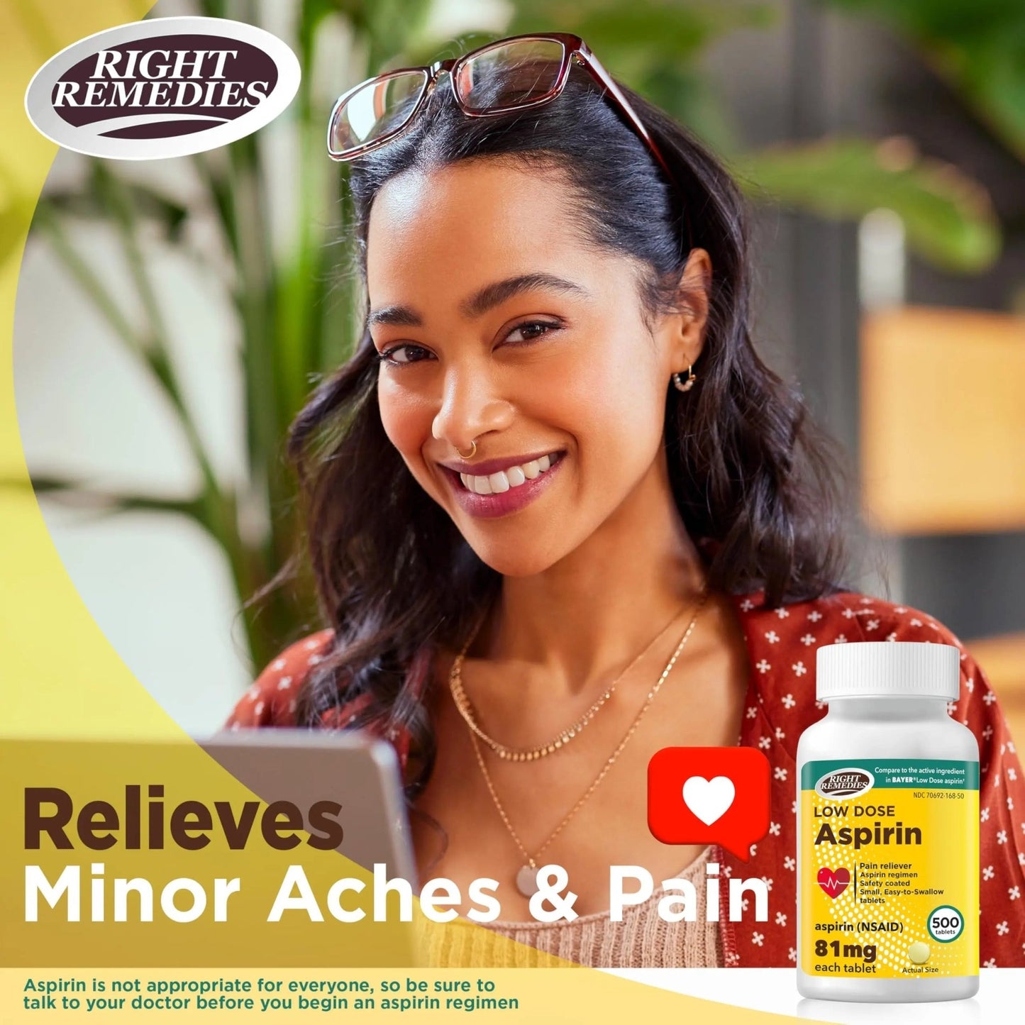 RIGHT REMEDIES Low Dose Aspirin 81mg, Enteric Coated Tablets, NSAID Pain Reliever & Fever Reducer for Adults, Compare to the Active Ingredient in Bayer® Low Dose Aspirin (500ct) - dailyvitalstore
