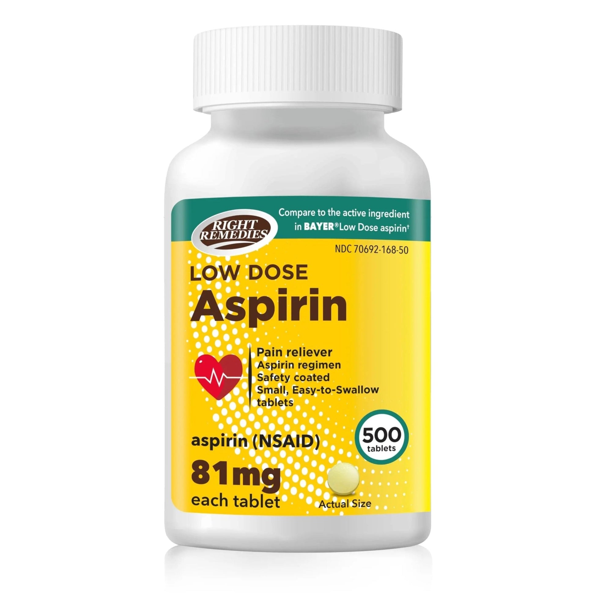 RIGHT REMEDIES Low Dose Aspirin 81mg, Enteric Coated Tablets, NSAID Pain Reliever & Fever Reducer for Adults, Compare to the Active Ingredient in Bayer® Low Dose Aspirin (500ct) - dailyvitalstore
