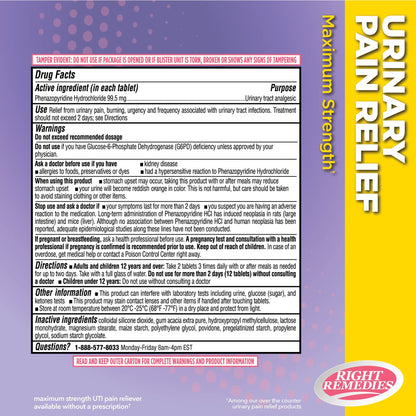 RIGHT REMEDIES Urinary Pain Relief Phenazopyridine HCl 99.5mg Tablets | Maximum Strength OTC for Fast Relief of UTI Pain, Burning and Bladder discomfort | Generic AZO Maximum Strength (72 Count) - dailyvitalstore
