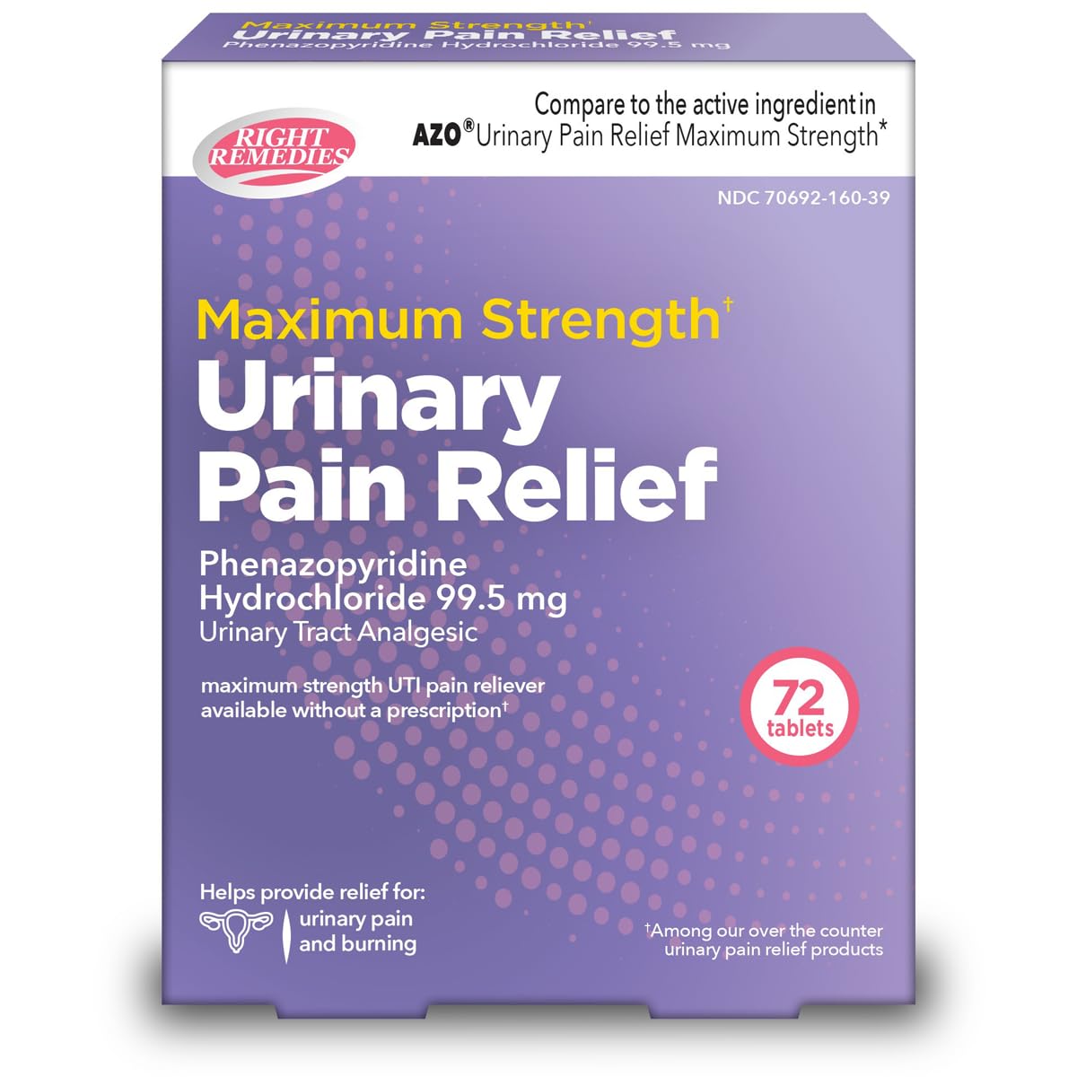 RIGHT REMEDIES Urinary Pain Relief Phenazopyridine HCl 99.5mg Tablets | Maximum Strength OTC for Fast Relief of UTI Pain, Burning and Bladder discomfort | Generic AZO Maximum Strength (72 Count) - dailyvitalstore