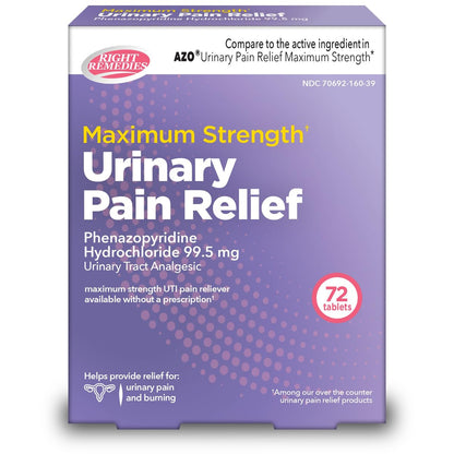 RIGHT REMEDIES Urinary Pain Relief Phenazopyridine HCl 99.5mg Tablets | Maximum Strength OTC for Fast Relief of UTI Pain, Burning and Bladder discomfort | Generic AZO Maximum Strength (72 Count) - dailyvitalstore