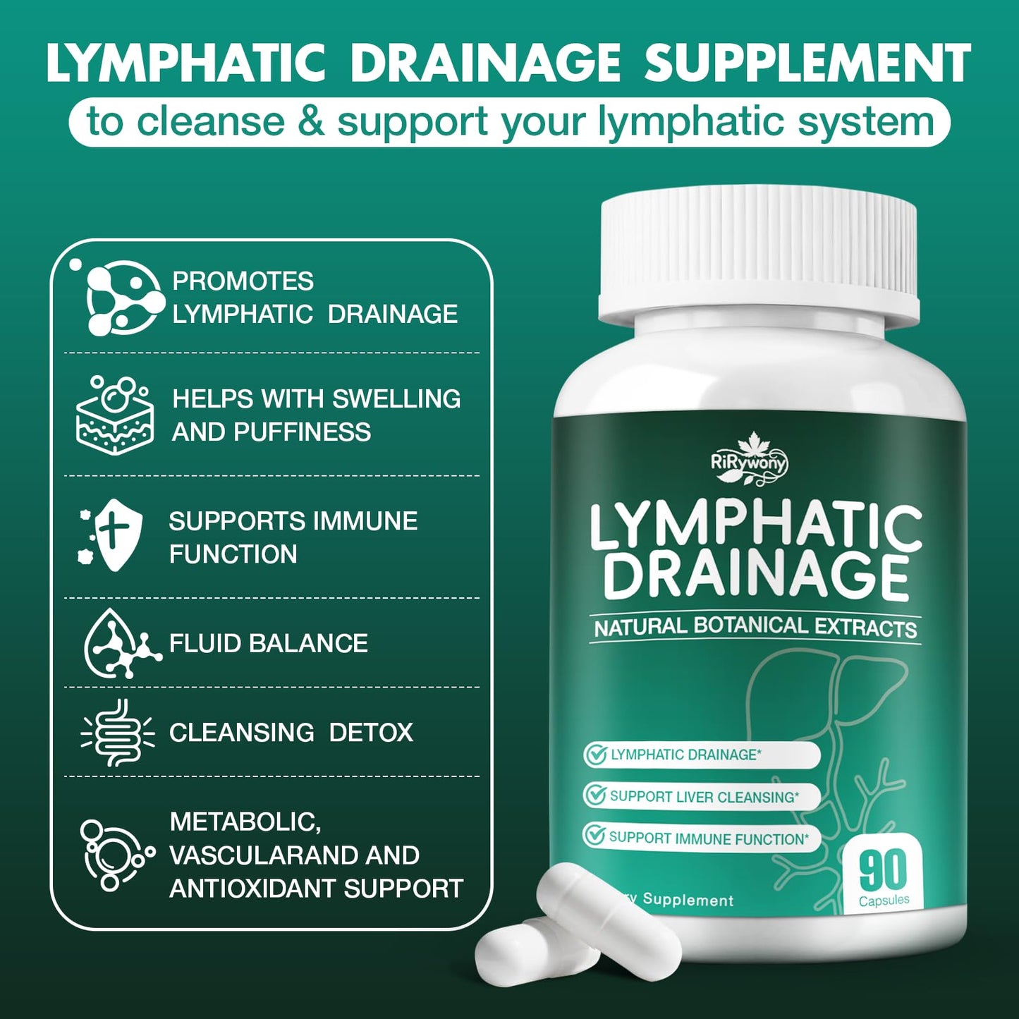 RiRywony Lymphatic Drainage Supplements & Liver Cleanse Detox Repair Capsules – Natural Herbal Supplement with Echinacea, Supports Lymphatic System, Fluid Balance & Immune Health, 90 Capsules - dailyvitalstore