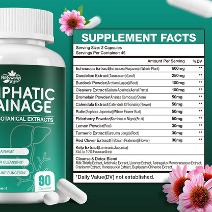 RiRywony Lymphatic Drainage Supplements & Liver Cleanse Detox Repair Capsules – Natural Herbal Supplement with Echinacea, Supports Lymphatic System, Fluid Balance & Immune Health, 90 Capsules - dailyvitalstore