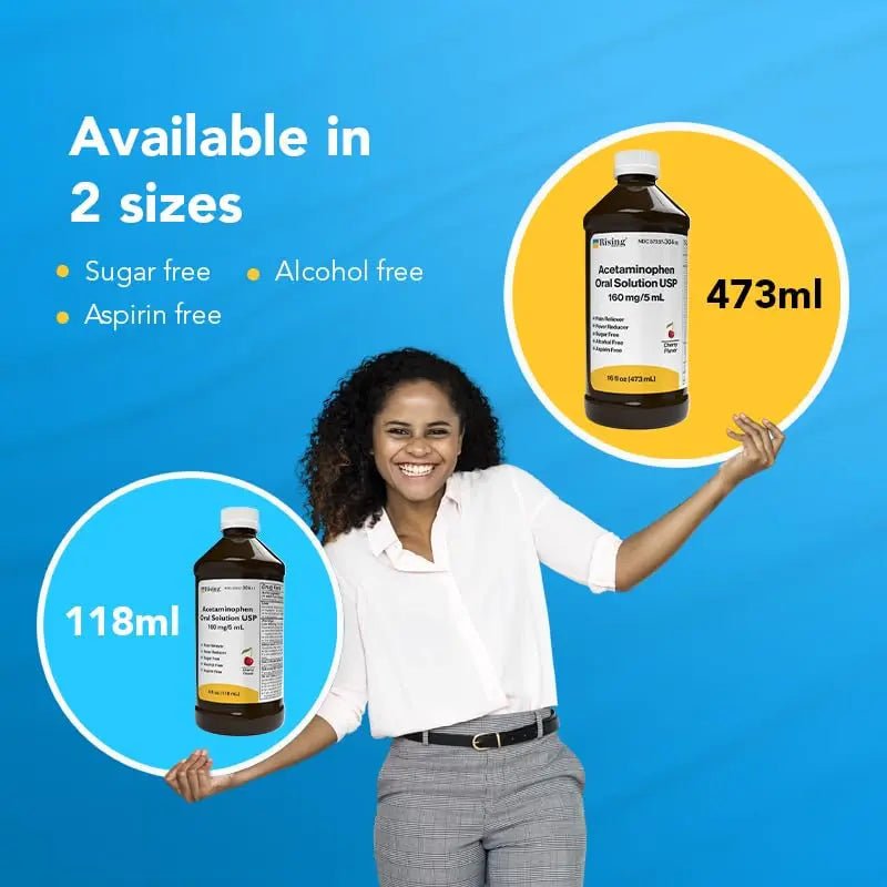 Rising Health Acetaminophen Oral Solution USP, 160 mg/5 mL | Pain & Fever Reliever | Cherry Flavor | Available in 118 mL & 473 mL (118ml - 4oz) - dailyvitalstore