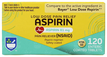 Rite Aid Aspirin Enteric Tablets, 81 mg Aspirin - 120 ct, Low Dose Aspirin | NSAID | Migraine Relief Products | Safety Coated | Enteric Coated Aspirin Regime (Package May Vary) - dailyvitalstore