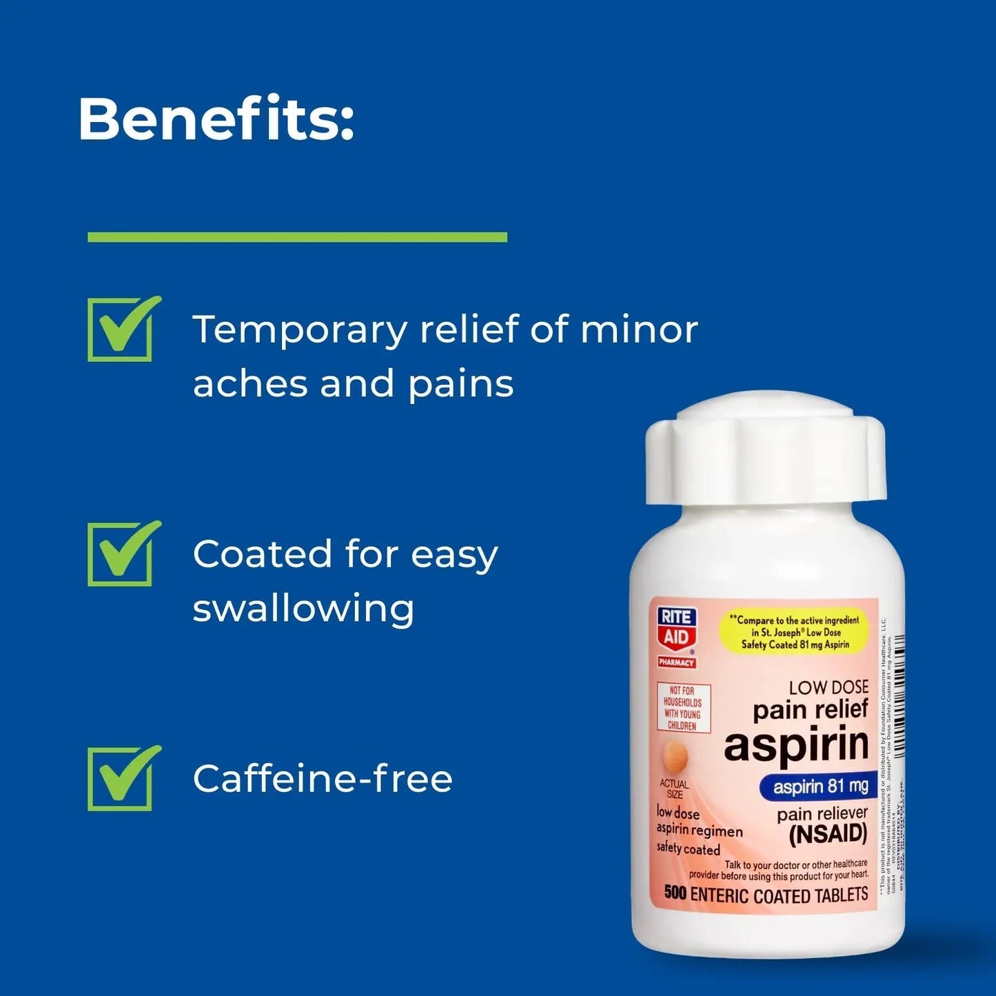 Rite Aid Aspirin Enteric Tablets - 81 mg Aspirin - 500 Count - Low-Dose for Headache Relief - Safety Coated - Aspirin Regimen - Migraine Medicine - Pain Relief - dailyvitalstore