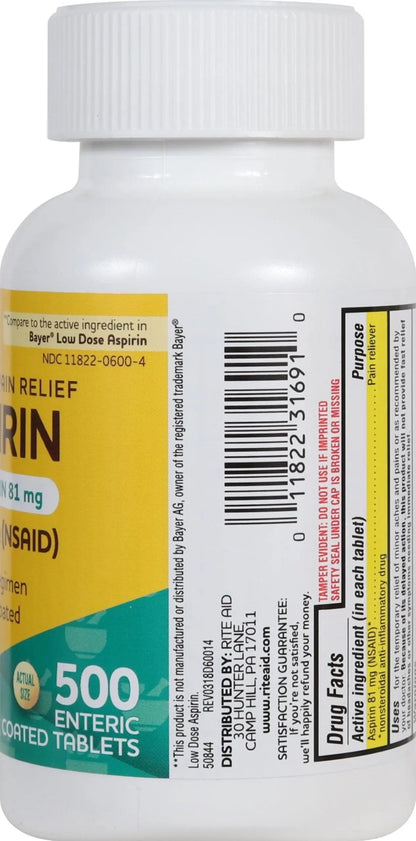 Rite Aid Aspirin Enteric Tablets - 81 mg Aspirin - 500 Count - Low-Dose for Headache Relief - Safety Coated - Aspirin Regimen - Migraine Medicine - Pain Relief - dailyvitalstore
