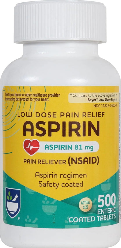 Rite Aid Aspirin Enteric Tablets - 81 mg Aspirin - 500 Count - Low-Dose for Headache Relief - Safety Coated - Aspirin Regimen - Migraine Medicine - Pain Relief - dailyvitalstore