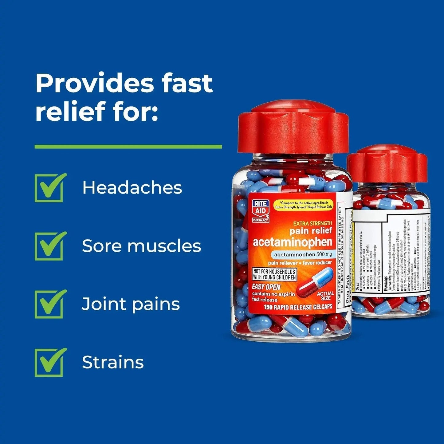 Rite Aid Extra Strength 500mg Acetaminophen Rapid Release Gelcaps - 150 Count | Joint, Muscle, Arthritis, Back Pain Relief - dailyvitalstore