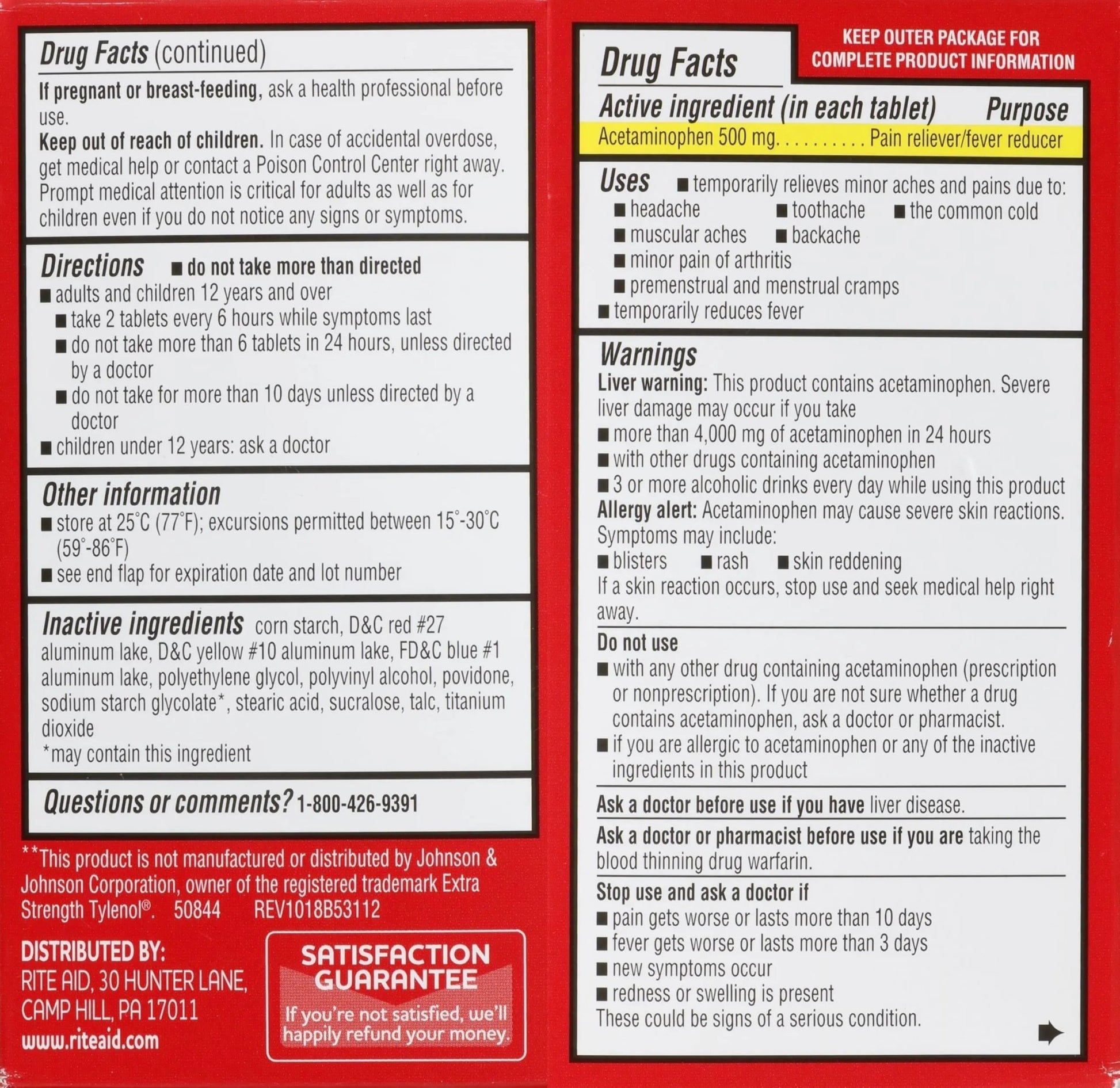 Rite Aid Extra Strength Acetaminophen Easy Tabs Tablets, 500 mg - 100 Count | Pain Reliever & Fever Reducer | Migraine Relief Products | Joint Pain Relief | Muscle Pain Relief | Menstrual Pain Relief - dailyvitalstore