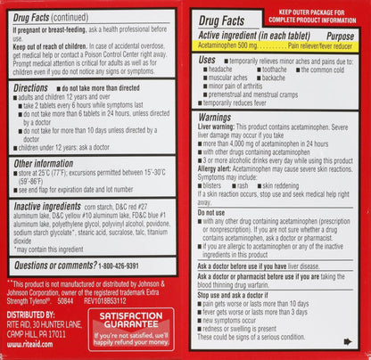 Rite Aid Extra Strength Acetaminophen Easy Tabs Tablets, 500 mg - 100 Count | Pain Reliever & Fever Reducer | Migraine Relief Products | Joint Pain Relief | Muscle Pain Relief | Menstrual Pain Relief - dailyvitalstore