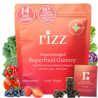 Rizz Low Sugar Green Gummies - 60+ Superfoods 6g Fiber - Prebiotic and Probiotic Gummies - Vegan Multivitamins for Women & Men - Gluten Free - Mushroom, - dailyvitalstore
