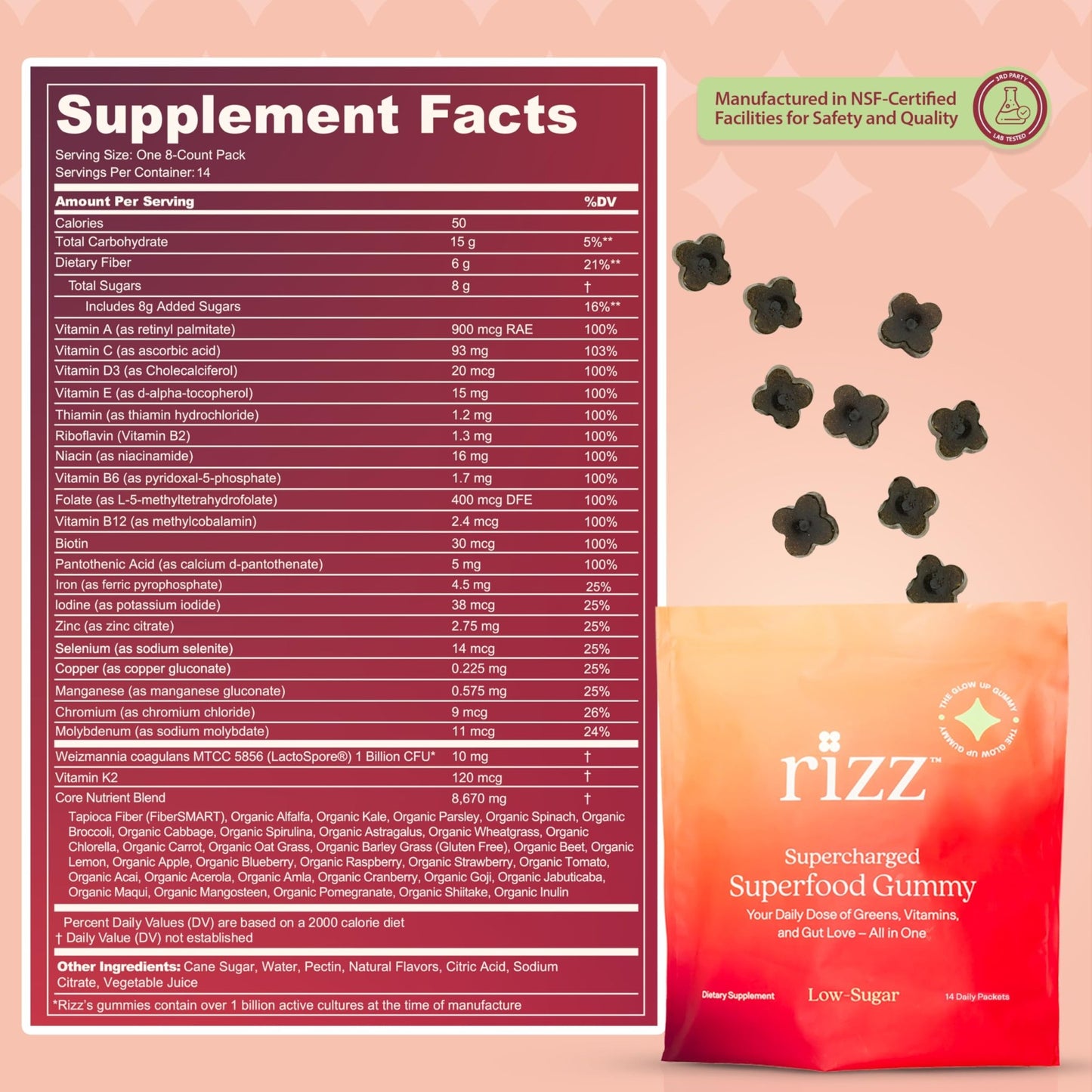 Rizz Low Sugar Green Gummies - 60+ Superfoods 6g Fiber - Prebiotic and Probiotic Gummies - Vegan Multivitamins for Women & Men - Gluten Free - Mushroom, - dailyvitalstore