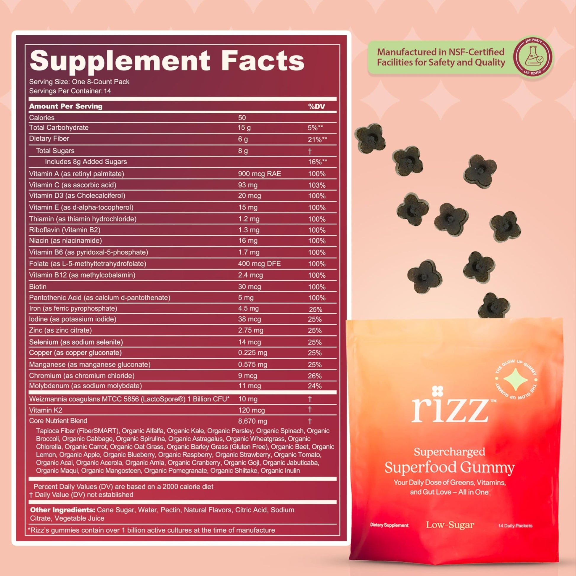 Rizz Low Sugar Green Gummies - 60+ Superfoods 6g Fiber - Prebiotic and Probiotic Gummies - Vegan Multivitamins for Women & Men - Gluten Free - Mushroom, - dailyvitalstore