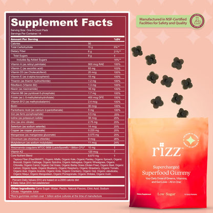 Rizz Low Sugar Green Gummies - 60+ Superfoods 6g Fiber - Prebiotic and Probiotic Gummies - Vegan Multivitamins for Women & Men - Gluten Free - Mushroom, - dailyvitalstore