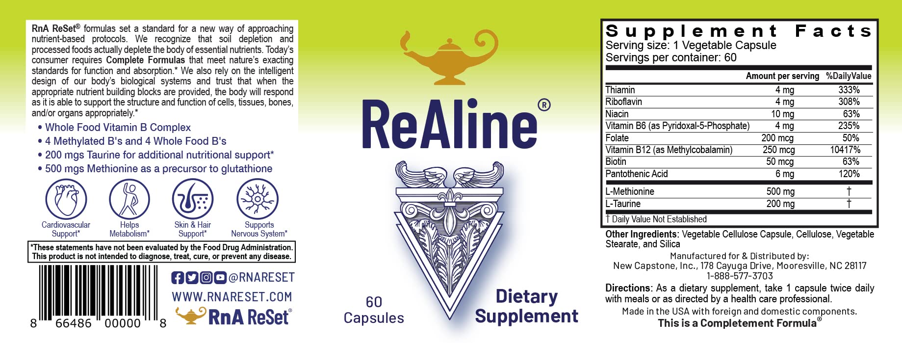 RnA ReSet ReAline – Methylated B Complex with Taurine & Methionine, Active B Vitamins, Detox & Methylation Support (60 Capsules) NSF Certified - dailyvitalstore