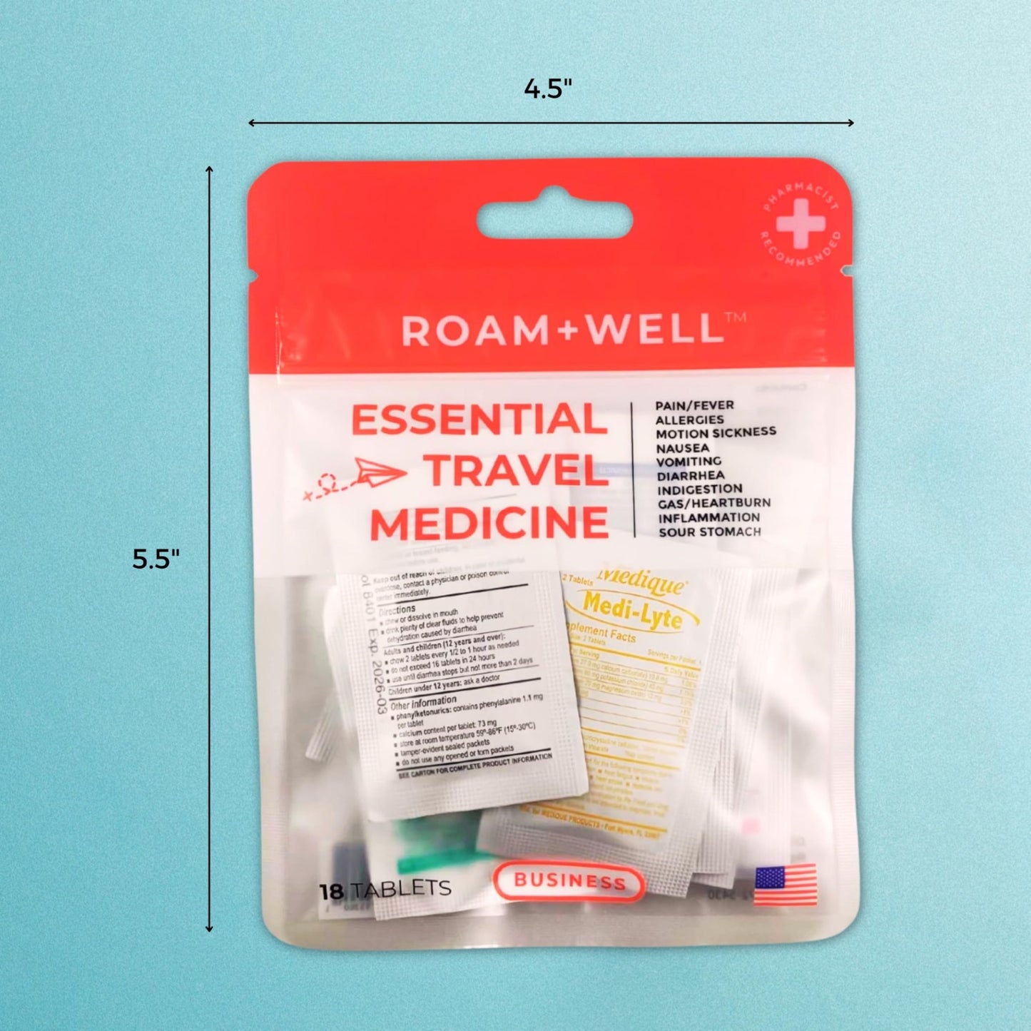 Roamwell Essential Travel Medicine Kit, OTC Travel Medication, TSA Approved (Business | 18 Tablets) - dailyvitalstore