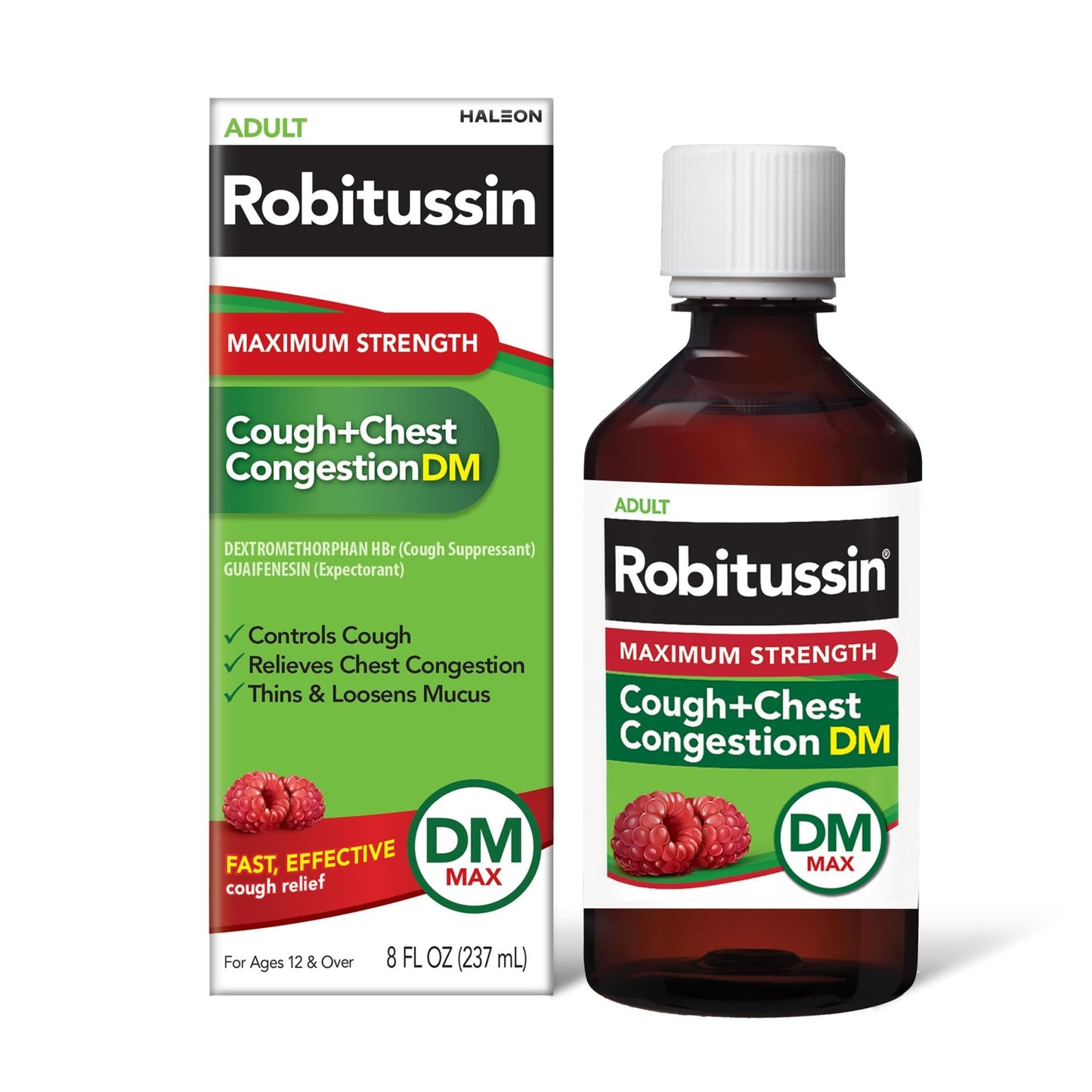 Robitussin Adult Maximum Strength Cough + Chest Congestion DM Max (8 fl. oz. Bottle), Cough Suppressant & Expectorant, Raspberry Flavor - dailyvitalstore