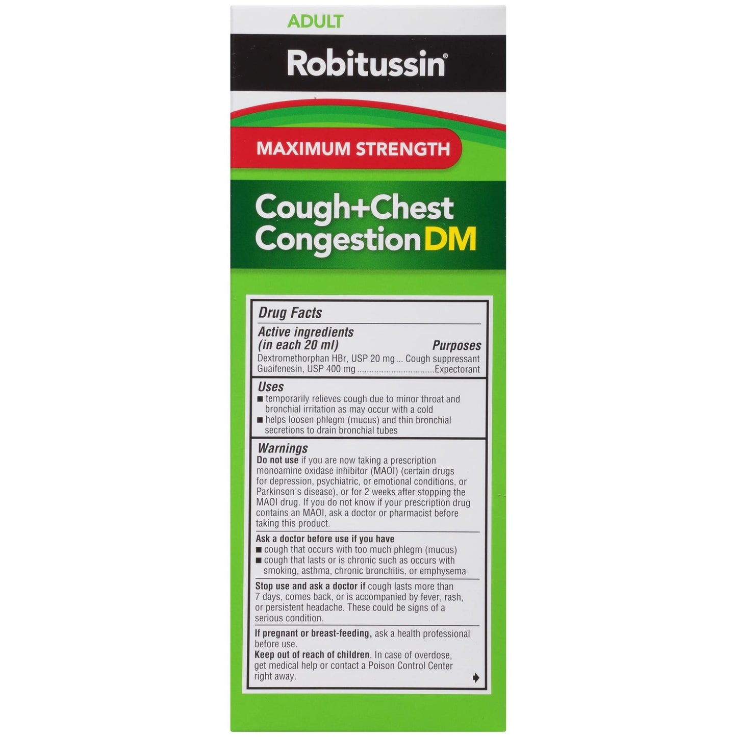 Robitussin Adult Maximum Strength Cough + Chest Congestion DM Max (8 fl. oz. Bottle), Cough Suppressant & Expectorant, Raspberry Flavor - dailyvitalstore