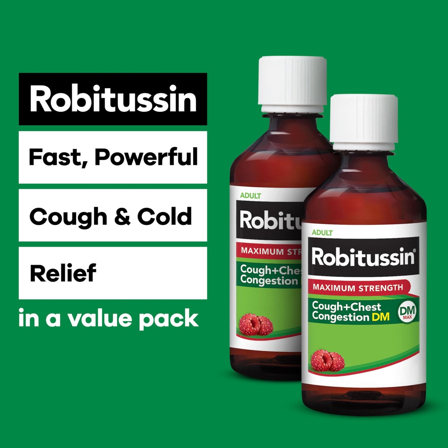 Robitussin Adult Maximum Strength Cough Plus Chest Congestion DM Max, Cough Suppressant and Expectorant, Raspberry Flavor, 8 Fl Oz x 2 - dailyvitalstore