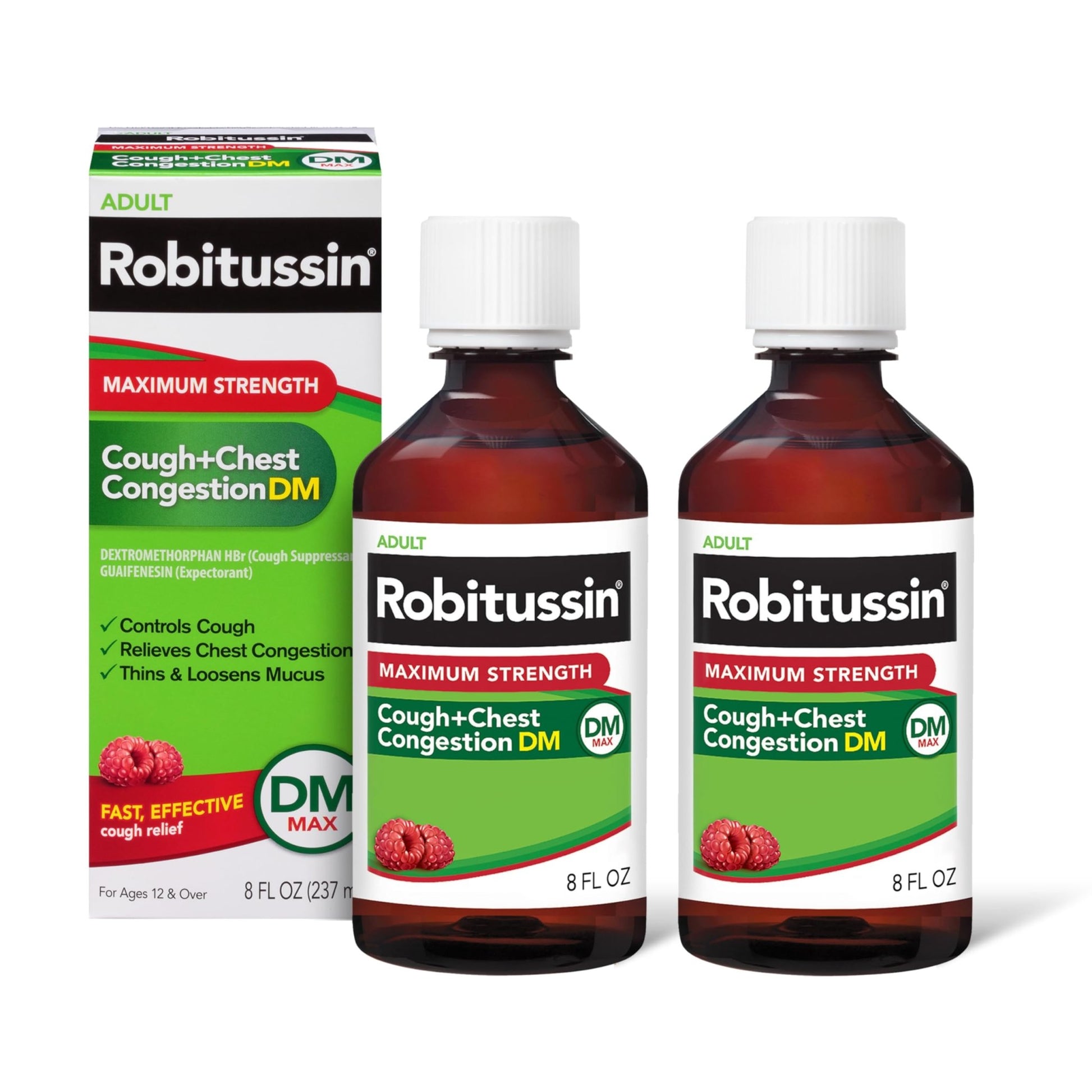 Robitussin Adult Maximum Strength Cough Plus Chest Congestion DM Max, Cough Suppressant and Expectorant, Raspberry Flavor, 8 Fl Oz x 2 - dailyvitalstore