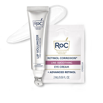 RoC Derm Correxion Lip Volumizer - Lip Plumper Peptide Treatment with Hyaluronic Acid & Vitamin E + Line Smoothing Eye Cream Packette - dailyvitalstore