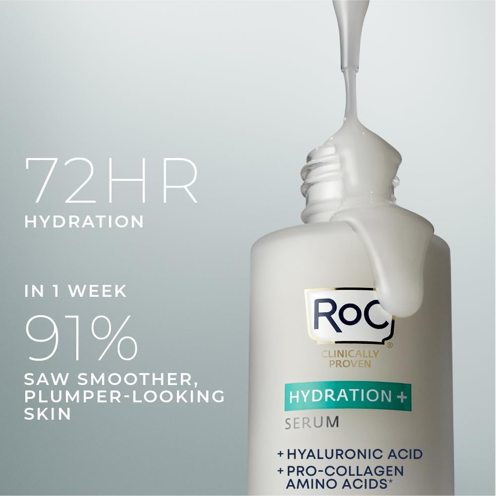 RoC Hydration+ Hyaluronic Acid Serum for Face, Hydrating, Plumping, Fragrance Free, Lightweight Formula with Collagen Proteins (1 Ounce) - dailyvitalstore