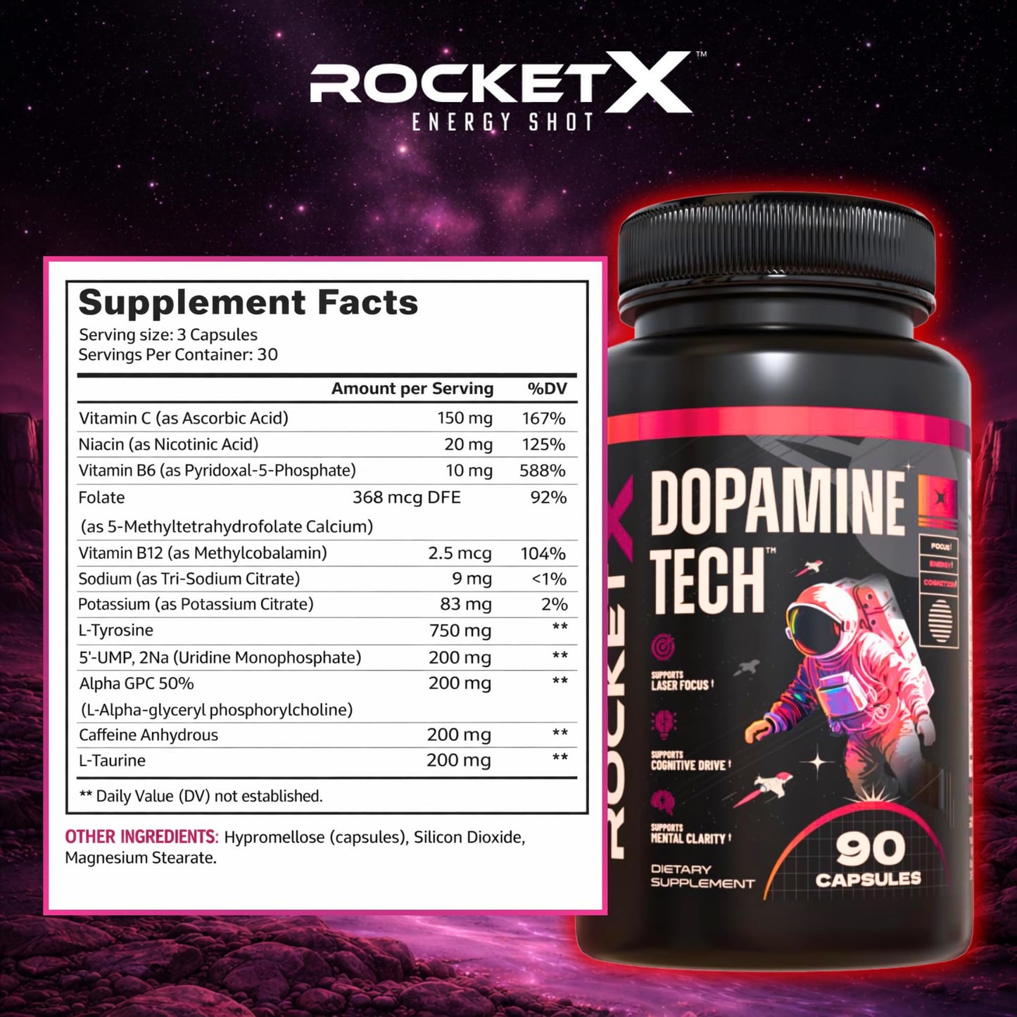 RocketX Dopamine Tech Brain Food Supplement, with L-Tyrosine and B Vitamins for Focus, Mental Clarity and Cognitive Drive, Vegan Capsules, 90 Capsules - dailyvitalstore