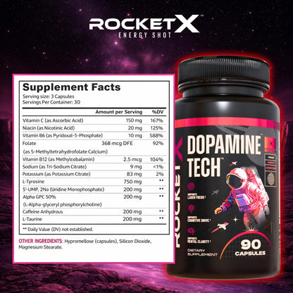RocketX Dopamine Tech Brain Food Supplement, with L-Tyrosine and B Vitamins for Focus, Mental Clarity and Cognitive Drive, Vegan Capsules, 90 Capsules - dailyvitalstore