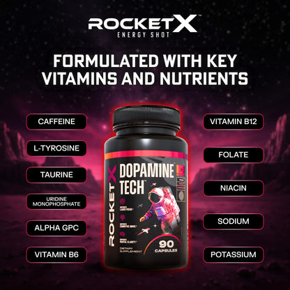 RocketX Dopamine Tech Brain Food Supplement, with L-Tyrosine and B Vitamins for Focus, Mental Clarity and Cognitive Drive, Vegan Capsules, 90 Capsules - dailyvitalstore