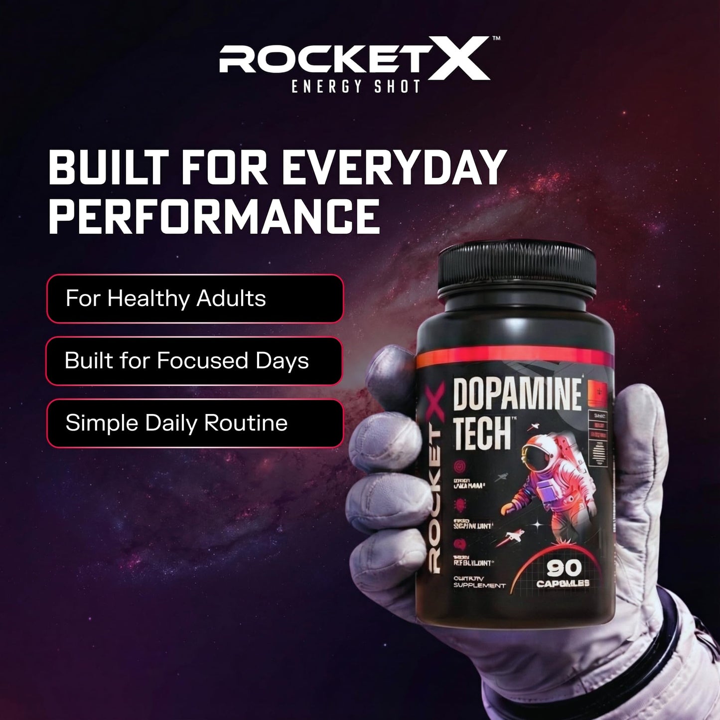 RocketX Dopamine Tech Brain Food Supplement, with L-Tyrosine and B Vitamins for Focus, Mental Clarity and Cognitive Drive, Vegan Capsules, 90 Capsules - dailyvitalstore