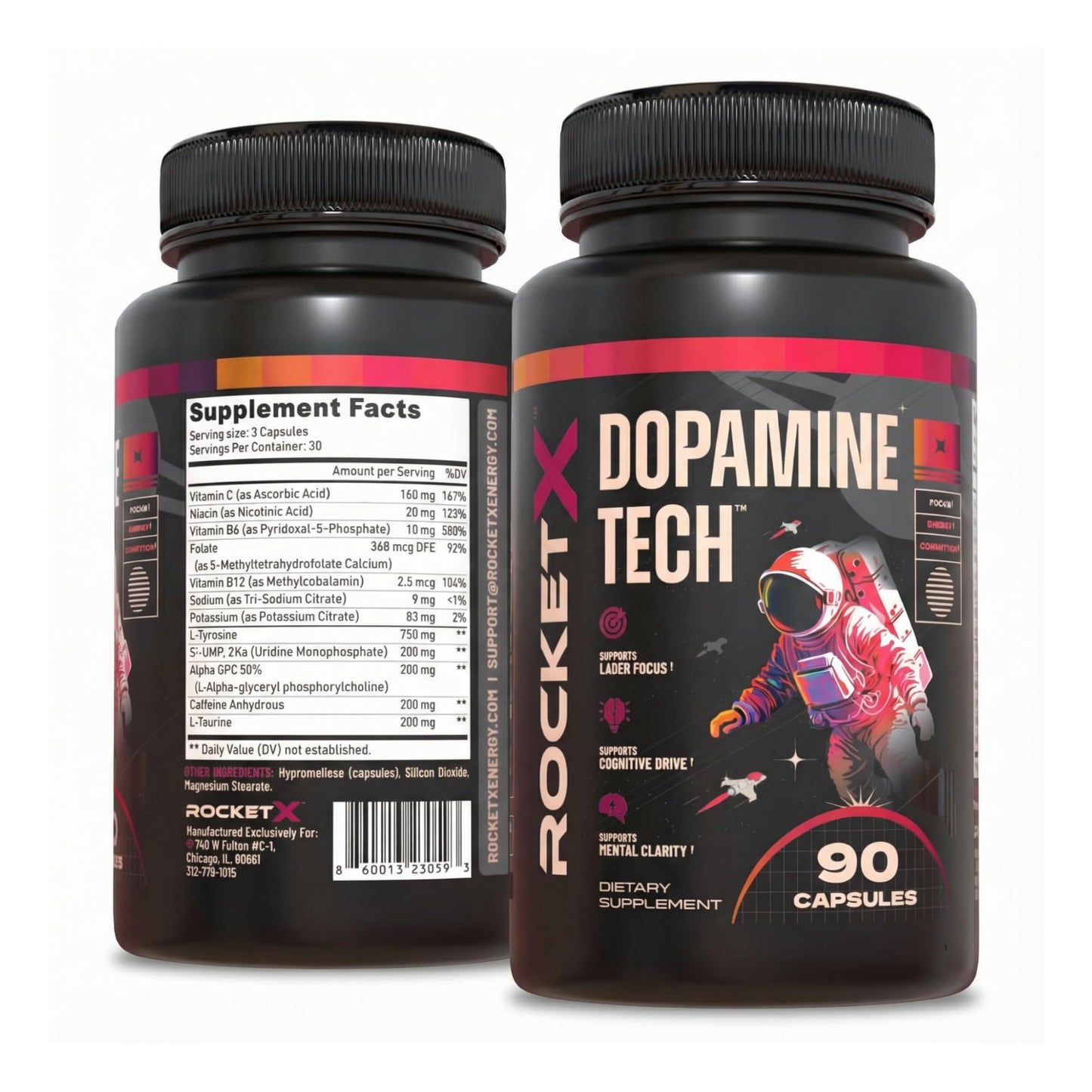 RocketX Dopamine Tech Brain Food Supplement, with L-Tyrosine and B Vitamins for Focus, Mental Clarity and Cognitive Drive, Vegan Capsules, 90 Capsules - dailyvitalstore