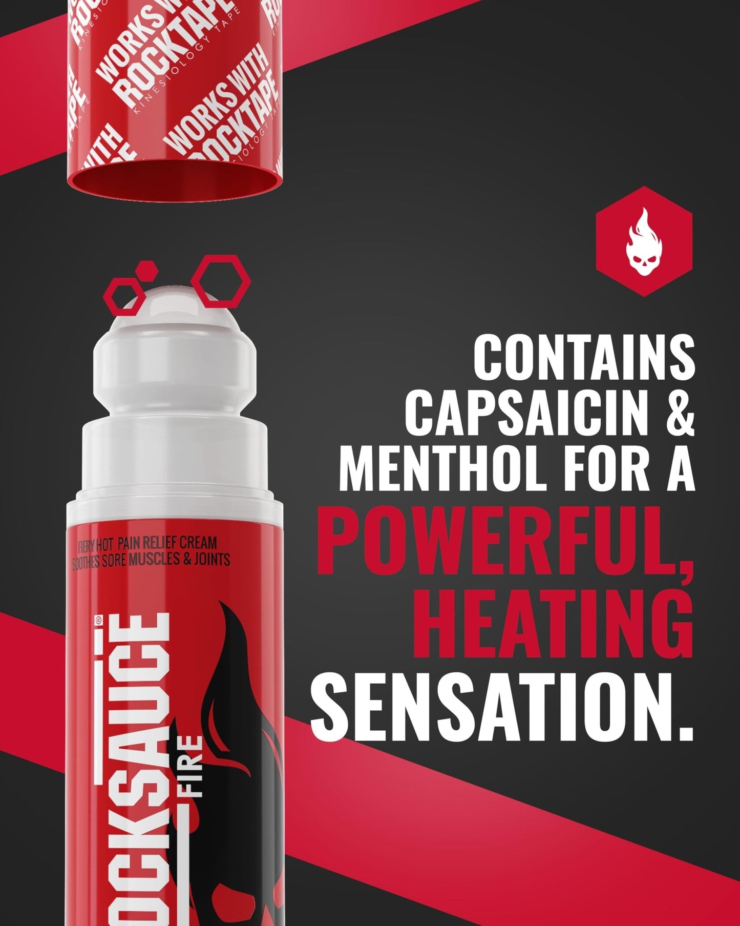 RockSauce Fire, 3 oz Roll-On - Easy to use Pain Relief Cream - Capsaicin & Menthol Formula Relieves Muscle & Joint Pain - Works w/ RockTape - No-Mess Applicator - Dye-Free, Won't Stain Clothes - dailyvitalstore